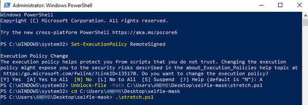 PowerShell window showing stretch amount parameter